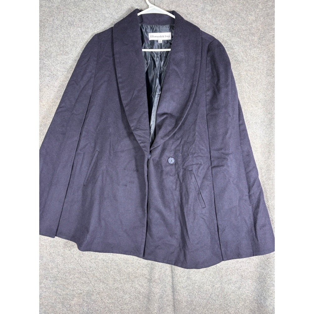 Ellsworth & Ivey Navy Blue Wool Blend Shawl Collar Cape Coat Womens Medium